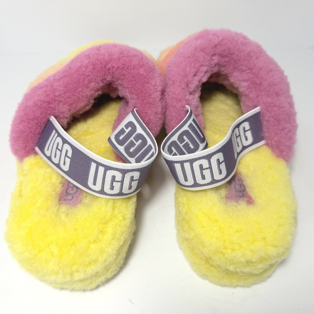 UGG Fluff Yeah Slide Rainbow Sheepskin Slippers Pink Orange Yellow Est. Size 9 - Picture 3 of 8